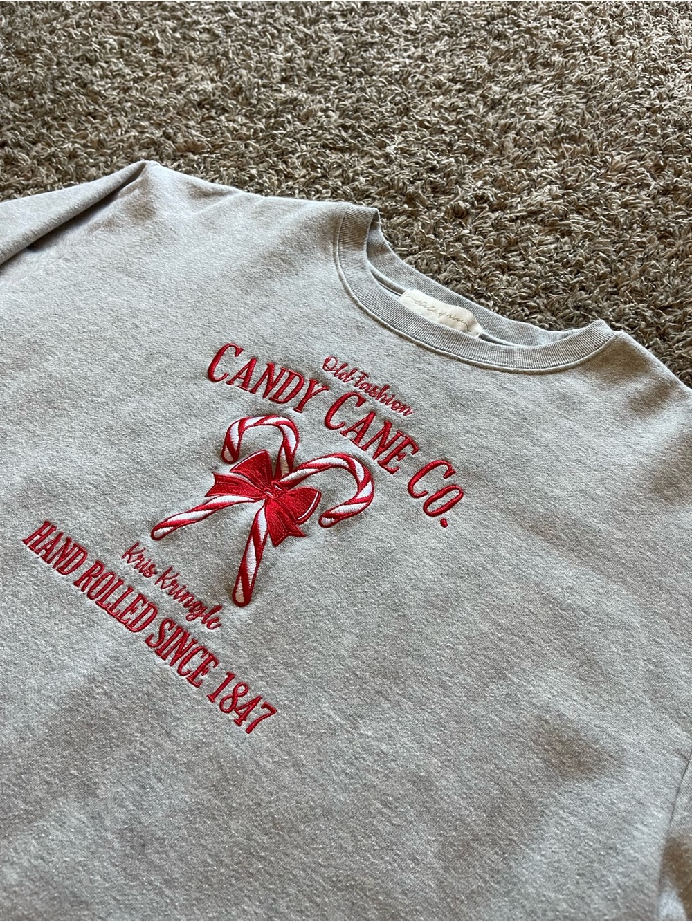 State of Mind Light Gray Women’s Sweatshirt with Red Candy Cane Graphic